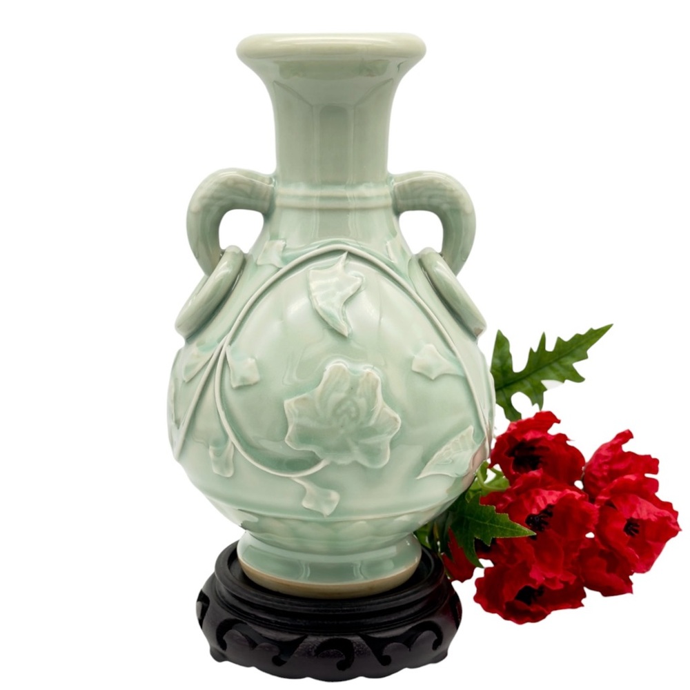 Vintage Chinese Longquan Celadon Vase Peony Relief Ring Handles Wood Stand MCM